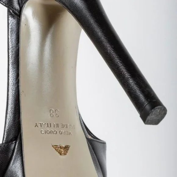 Emporio Armani Black Leather Platform Peep Toe Heels - Picture 8 of 10